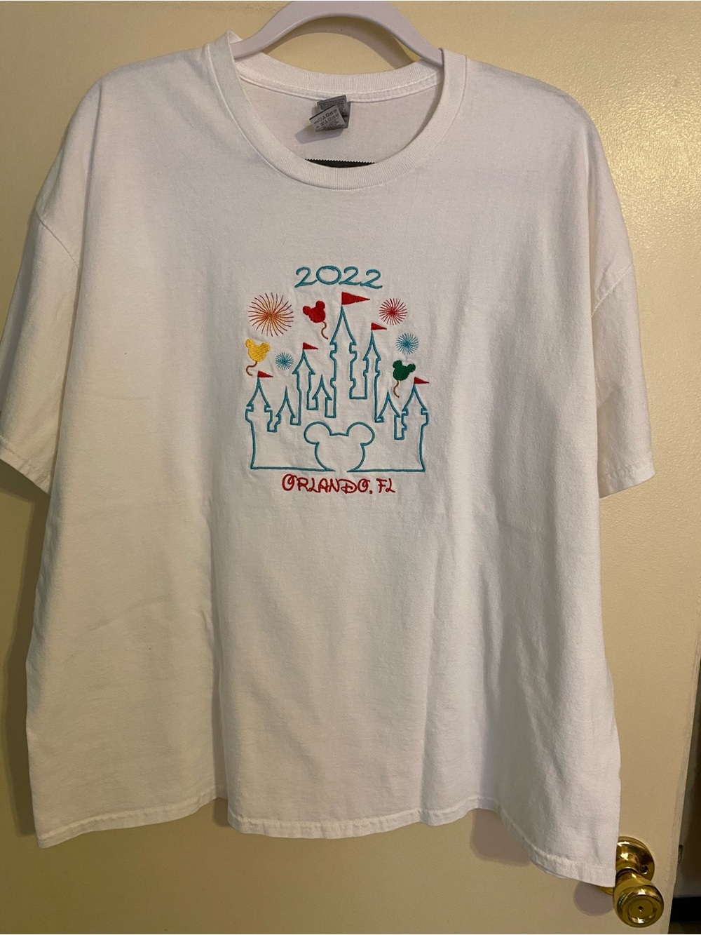 Gildan White Tee with Colorful Castle and Fireworks Embroidery